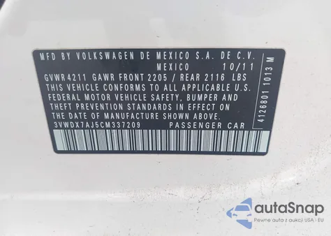 2012 Volkswagen Jetta 2.5L Se из США, поврежденный, VIN 3VWDX7AJ5CM337209